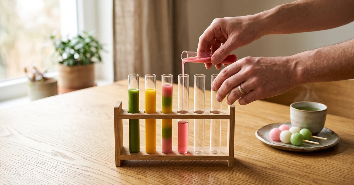 Hands pouring colored water between glass test tubes in a wooden rack, next to a plate of pink, white and green dango